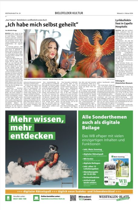 Westfalen-Blatt berichtet über Autorin Hanh Ta Bericht im Westfalen-Blatt über die Autorin Hanh Ta und ihr Buch Soulvisions Zwischen Schmerz und Licht